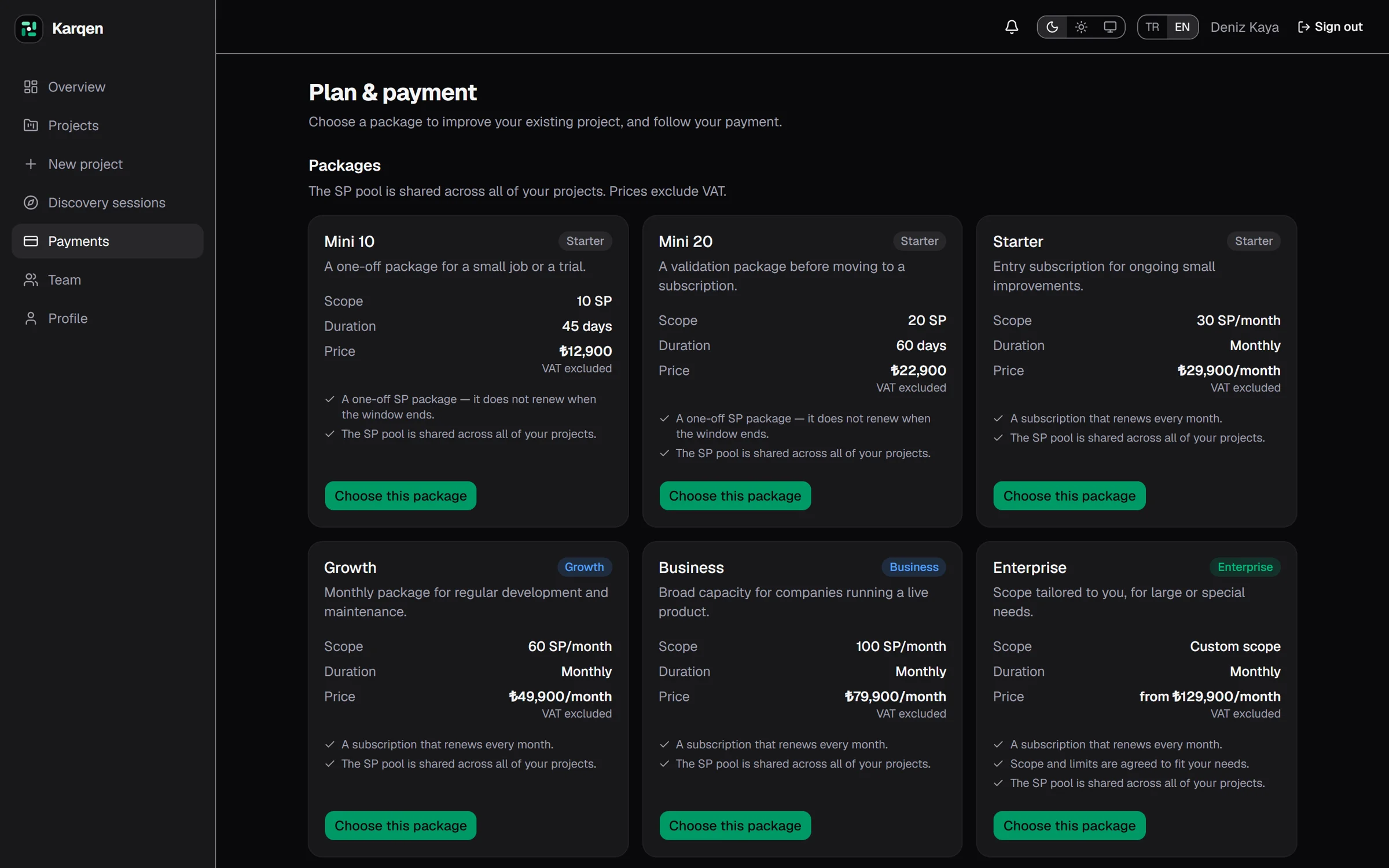 Karqen customer panel: plans and payments screen